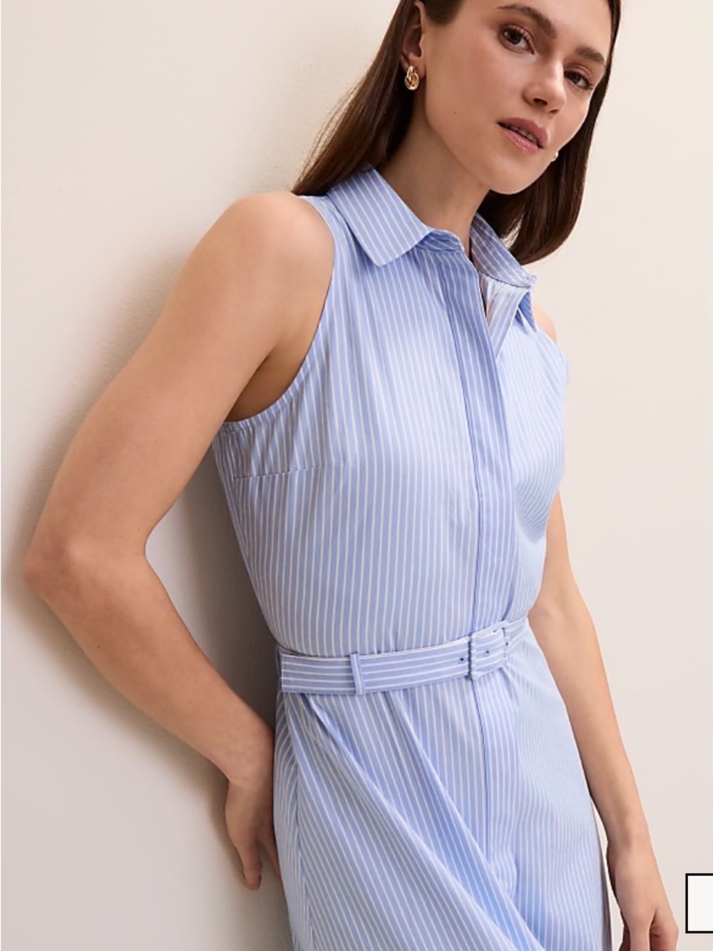 Ann Taylor Light Blue Pinstripe Midi Shirt Dress with Belt NWT - Picture 2 of 9